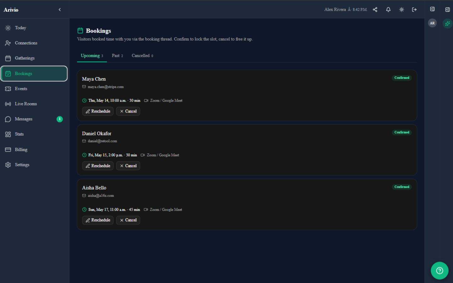 Arivio Bookings — Google Calendar slot picker with confirmed meetings