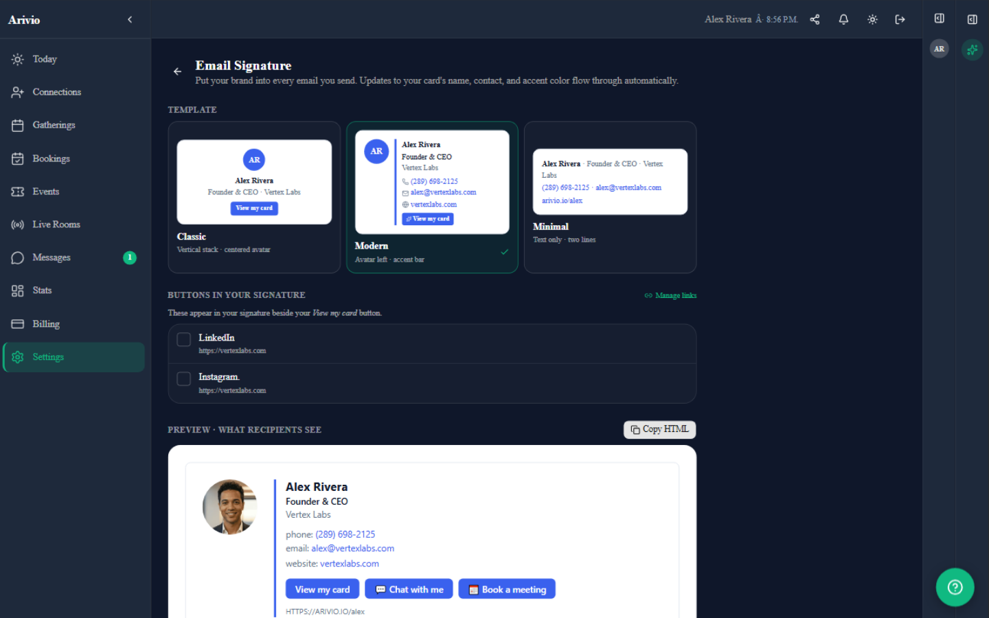 Arivio Email Signature — one-click install with card link and booking button