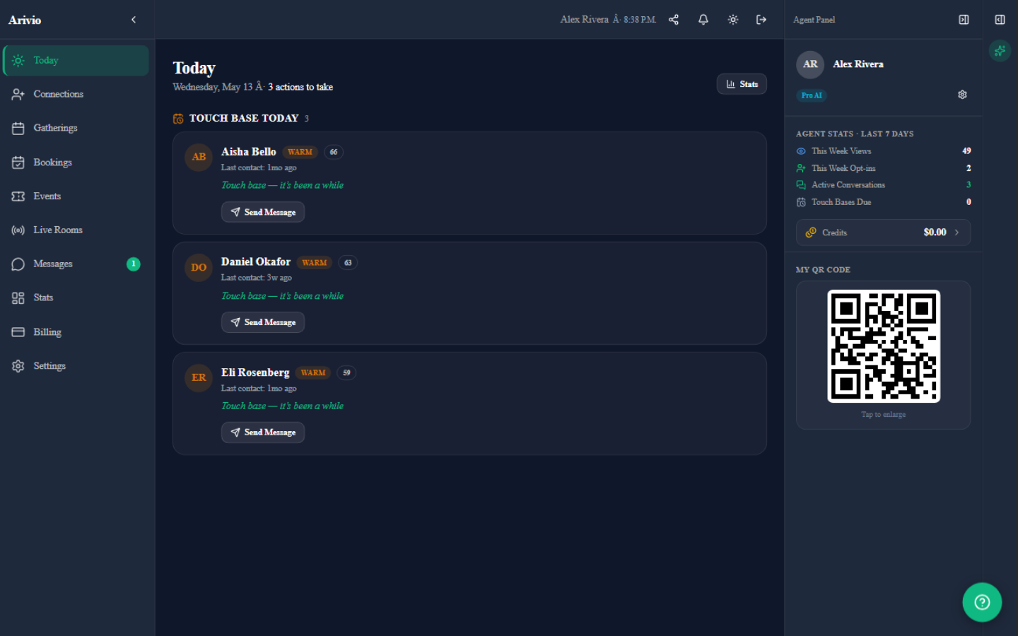 Arivio Today view — daily ritual showing hot leads, overdue touch-bases, and tasks