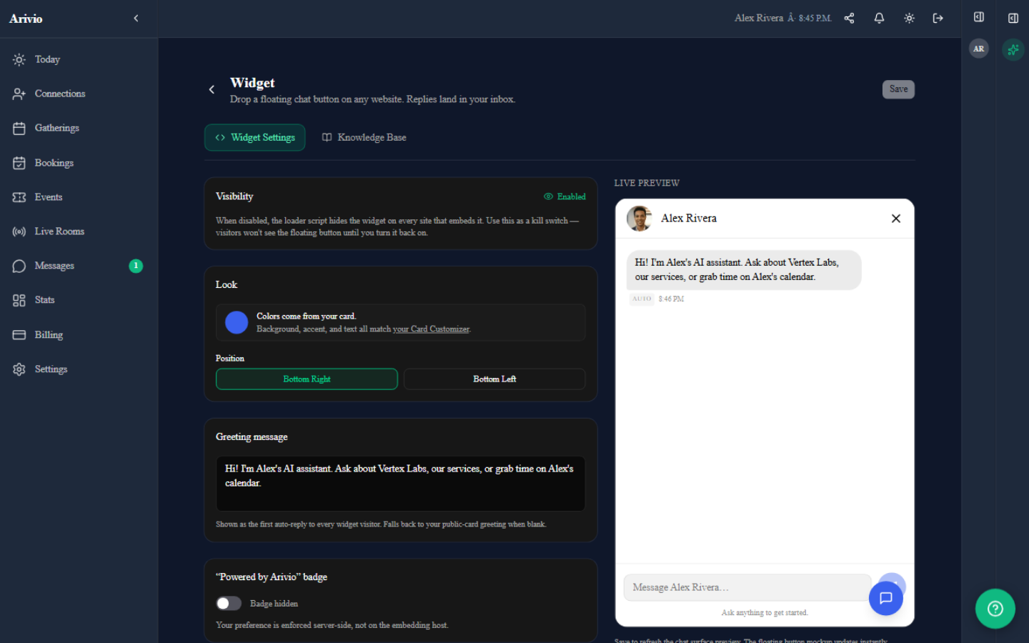 Arivio website widget — AI assistant answering a visitor on the host site